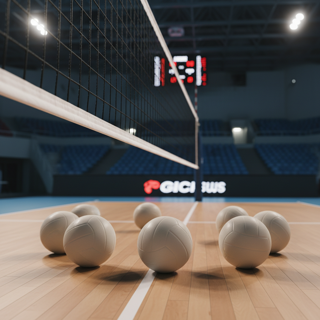 An immaculate volleyball net stretched taut across a gleaming indoor court, its fine black threads and crisp white tape captured in intricate detail, each knot clearly visible. On one side of the net, six neatly arranged, high-quality volleyballs in muted white and cream tones rest on the floor in a semicircle, subtly symbolizing roles and coordination. Overhead, warm, even arena lighting casts soft shadows along the floorboards, emphasizing perspective and structure. The far stands and scoreboard fade into a tasteful blur, creating depth without distraction. Photographed from a slightly low, sideline angle in realistic, sophisticated style, the net becomes a central axis that hints at invisible communication, shared rules, and the delicate balance between separation and connection in the game.
