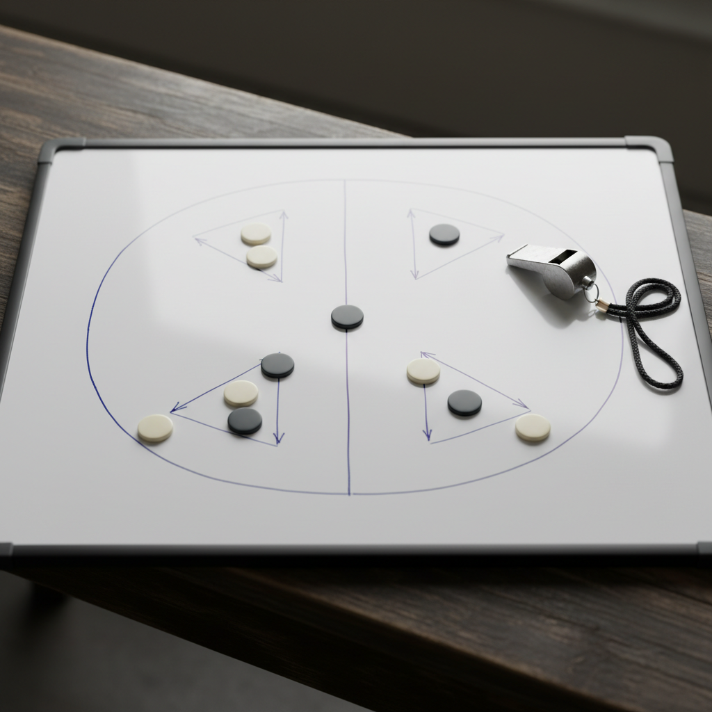 A close-up, overhead photographic view of a tactical volleyball whiteboard laid on a dark wooden bench, its glossy surface filled with carefully drawn court lines in fine navy blue. Magnetic markers in subdued tones—three in ivory, three in deep charcoal—are positioned in precise formations, suggesting rotations and complex offensive schemes. A single, well-used whistle with a brushed metal finish rests beside the board, its lanyard elegantly coiled. Soft, directional light from an unseen window to the left creates gentle highlights on the markers and faint shadows along the board’s edge, evoking quiet analysis before competition. The composition is minimalist yet rich in detail, with a sharp focus on the central symbols and a slightly blurred bench texture, conveying intellectual strategy and the sophistication of team dynamics.