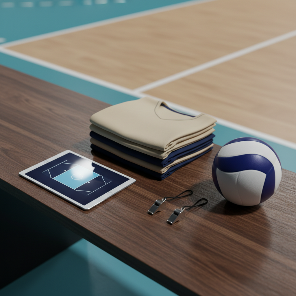 A meticulously arranged, photographic still life of volleyball equipment on a long, dark wooden sideline table: a stack of neatly folded, numberless jerseys in neutral sand and deep navy tones; a minimalist digital tablet displaying a softly glowing, abstracted court diagram; a single, premium volleyball with a matte finish; and a pair of slender metal whistles. The background reveals blurred hints of the court’s light wood floor and the geometric pattern of the lines. Cool, focused overhead lighting creates precise reflections on the tablet screen and subtle shadows that add depth. Shot from a slightly elevated angle with balanced, symmetric composition, the scene feels calm, ordered, and cerebral, evoking preparation, coordination, and the invisible architecture of roles and responsibilities in modern volleyball.