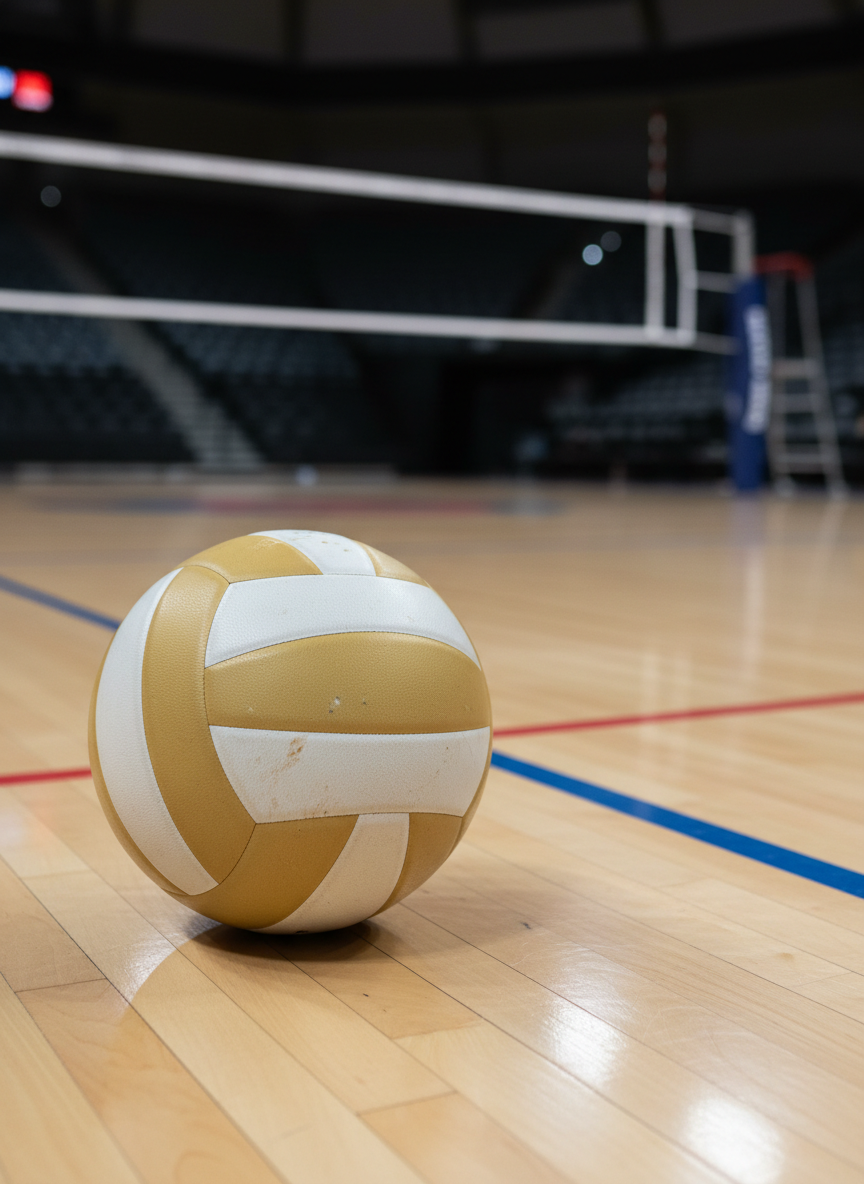 A pristine, slightly scuffed leather volleyball resting on the polished wooden floor of an indoor court, its white and soft-gold panels sharply defined and textured. Delicate floor lines in muted blue and red recede into the distance, hinting at complex strategies and rotations. Soft, diffused arena lighting from overhead panels creates gentle reflections on the lacquered wood and subtle highlights on the ball’s curved surface. The background dissolves into an elegant bokeh of blurred net, upright posts, and shadowy stands, suggesting a quiet moment before play. Shot at floor level with a shallow depth of field and photographic realism, the composition uses the rule of thirds to evoke anticipation, discipline, and the refined beauty of volleyball as a miniature society.