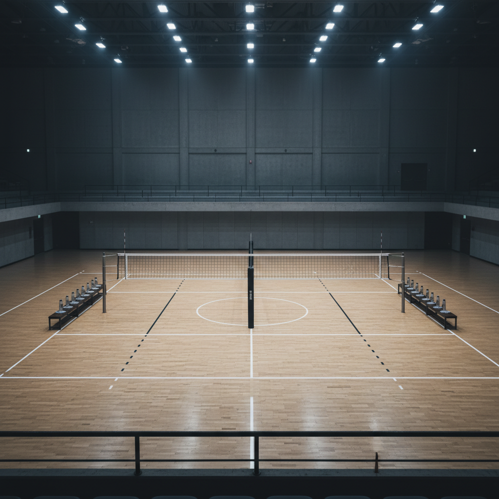 A dramatic, wide photographic shot of an empty indoor volleyball court seen from high in the stands, emphasizing structure and geometry. The immaculate wooden floor glows under cool, evenly distributed arena lights, with crisp white boundary lines and a central, impeccably aligned net dividing the space. On opposite sides of the court, two benches face each other, each with neatly placed identical water bottles and towels in restrained, monochrome tones, subtly echoing opposing systems within a shared framework. The far walls fade into soft shadow, framing the court as an illuminated stage. Captured with a deep depth of field and a slightly elevated, centered composition, the image conveys order, anticipation, and the sense of volleyball as a formal, almost theatrical setting where social dynamics quietly unfold.