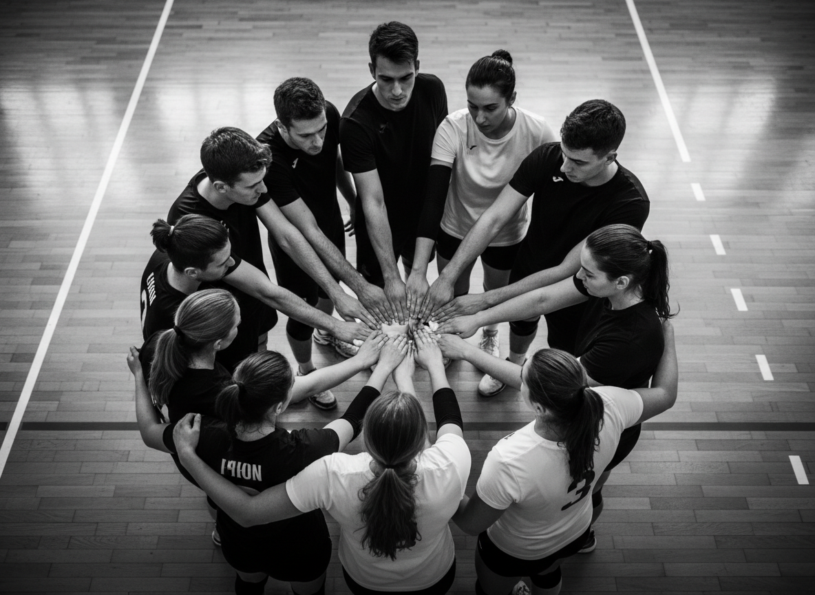 Squadra di pallavolo raccolta in cerchio con le mani unite al centro, vista dall'alto