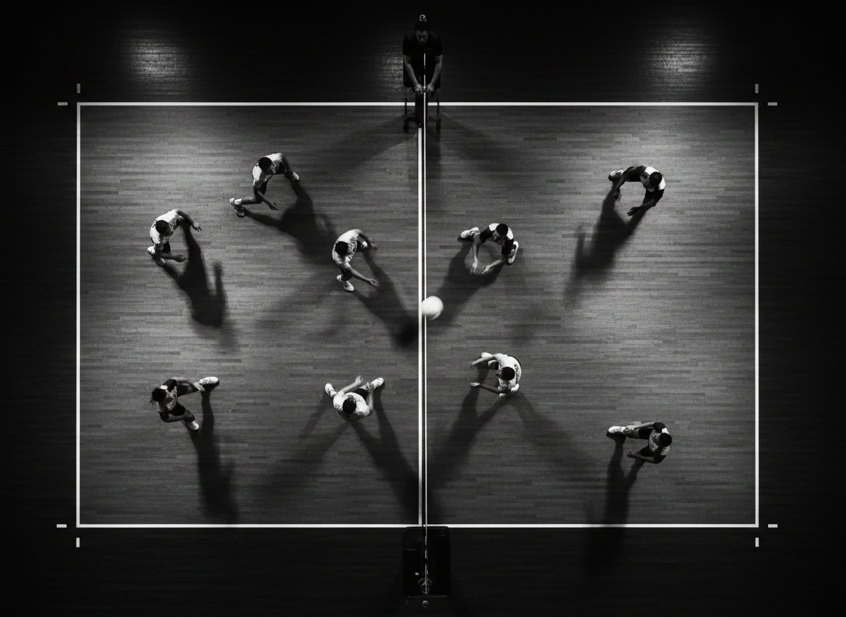 Fotografia in bianco e nero di una partita di pallavolo vista dall'alto